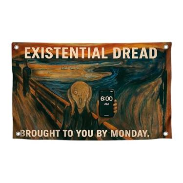 Imagem de Bandeira engraçada de arte meme com citação "Existential Dread Brought To You By Monday." - Pôster de poliéster elegante na parede com quatro ilhós de latão - Banner decorativo de um lado para caverna