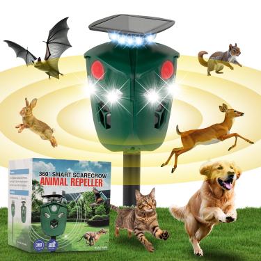 Imagem de Repelente ultrassônico de animais 360° para uso externo – alimentado por energia solar e USB com 3 sensores de movimento PIR e 6 luzes piscando, impermeável, para gatos, veados, guaxinins, cães e