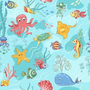 Imagem de CHIHUT Papel de parede azul do mar profundo de 45 x 254 cm, colorido, oceano, coral, polvo, cavalos-marinhos, estrela-do-mar, papel de parede para quarto de crianças, sala de aula, autoadesivo, papel