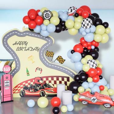 Imagem de 125pcs Race Car Balloons Arch Garland Kit, 12 10 5 Inch Red Blue Black Yellow Checkered Wheel Tire Racing Car Balloons for Race Car Birthday Party Decorations Fast One Two Fast Birthday Party Decor