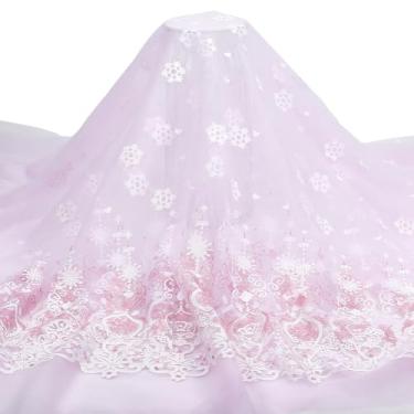Imagem de PH PandaHall Tecido de organza de floco de neve de 2 metros Tecido rosa transparente com flocos de neve brancos tecidos de malha decorativos de inverno para roupas de vestido DIY, toalha de mesa
