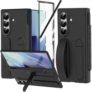 Imagem de YQODSZ Capa com alça de dedo para Samsung Galaxy Z Fold 7 com suporte para caneta S e Stylus, Z Fold7 capa com alça de mão, cobertura total, protetor de tela, proteção de dobradiça, capa de pulseira
