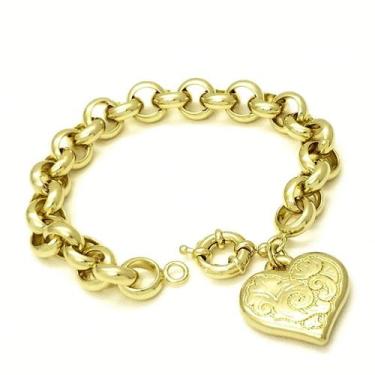 Imagem de Pulseira Elos Portugueses 11mm Coração Florido Banho De Ouro 18k 1797F
