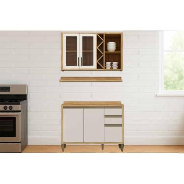 Imagem de Kit Cozinha Modulada 3 Peças Tempranillo (1Aéreo+1Balcão+1Complemento) C3P42 Amendoa/Off White - Ronipa