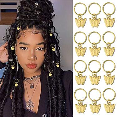 Imagem de NAISKA Clipes de cabelo de borboleta dourada acessórios de dreadlock joias de cabelo para mulheres, tranças, borboletas, punhos de cabelo, pingentes de anéis (12 peças)
