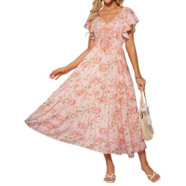 Imagem de Vestido longo GRACE KARIN Floral de verão com decote em V com babados