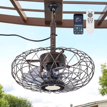 Imagem de PAZALA Ventiladores De Teto Tipo Gazebo De 15" Com Luzes E Controle Remoto, Ventilador De Teto Com Gaiola Fechada À Prova D'Água Com Luz Led De 3 Cores, Ventilador Portátil Suspenso Para Áreas Exte