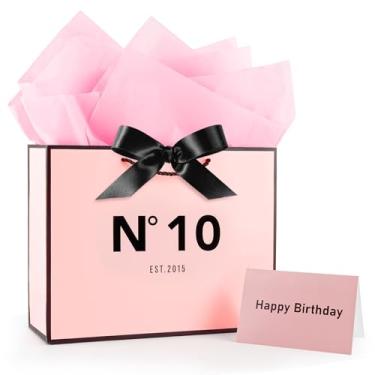 Imagem de FUNCANDLE Bolsa rosa para presente de aniversário de 10 anos de 33 cm com fita de cartão e papéis de lenço para celebrar meninas 2015 nascidas aniversário presente sacos de papel para embrulho de