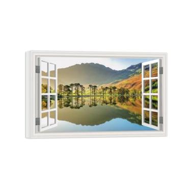 Imagem de Falsas Janelas Paisagens Impressões em Tela-Lago árvores montanhas-Quadro Arte Moderna-Natureza Pintura Pronta para Pendurar Tela Embrulhada 20x30cm