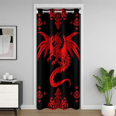 Imagem de jejeloiu Cortina de porta dragão vermelho preto para privacidade de entrada 1 painel gótico damasco paisley floral capa de armário feminino meninos boêmia exótica divisória animal quarto decoração
