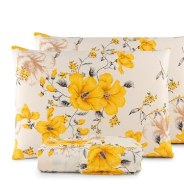 Imagem de Jogo de Lençol Queen 3 Peças 200 Fios 100% Algodão Estampado (Floral Amarelo)