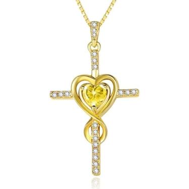 Imagem de CupidGift Colar de cruz para mulheres, banhado a ouro 14 K, pingente de pedra do mês de nascimento, pingente infinito de coração, joias religiosas, batismo cristão, fé, presentes de aniversário para