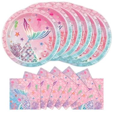 Imagem de BOKFJBP 40 peças de artigos de festa de sereia, decorações de festa com tema de sereia, para princesas, meninas, chá de bebê, debaixo do mar, decorações de aniversário, utensílios de mesa para festa