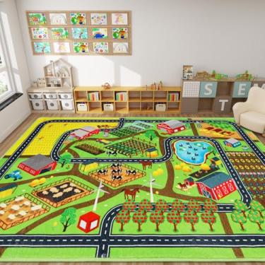Imagem de Tapete infantil para carros de brinquedo, 294 cm × 78 cm, vida agrícola, trânsito rodoviário para sala de jogos, carro infantil, tapete de mapa de vila, animais de fazenda, lavável, para crianças