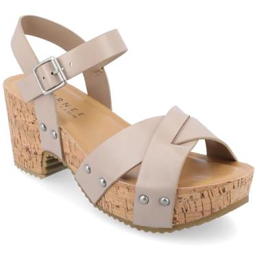 Imagem de Journee — Plataforma feminina cruzada cruzada com salto de cortiça e fivela no tornozelo bico redondo aberto, Cinzento-acastan, 38