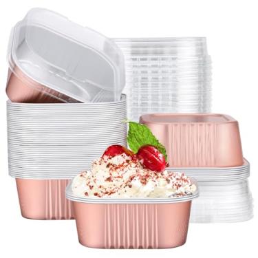 Imagem de EUSOAR Ramequins descartáveis, 50 peças de copos descartáveis de muffin para assar, mini formas de bolo com tampas, recipientes de pão, forros de cupcake para lembrancinhas de festa de aniversário