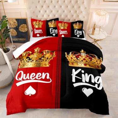 Imagem de Suncloris Conjunto de edredom King Queen dividido vermelho e preto - detalhes em coroa dourada reversível solteiro 173 x 218 cm - roupa de cama de microfibra ultramacia com 2 fronhas para adolescentes
