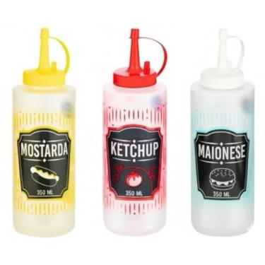 Imagem de Kit 3 Potes para Molhos 350ml – Ketchup, Mostarda e Maionese – Garrafas Squeeze Plásticas Reutilizáveis para Lanches, Churrasco e Hambúrguer