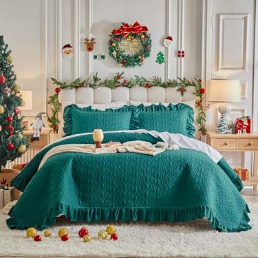 Imagem de Conjunto de colcha de Natal com babados, tamanho Queen 244 x 243 cm, verde - 3 peças de cama rústica com babados para casa de fazenda, leve, fofa, de ano novo, com fronhas para o Natal