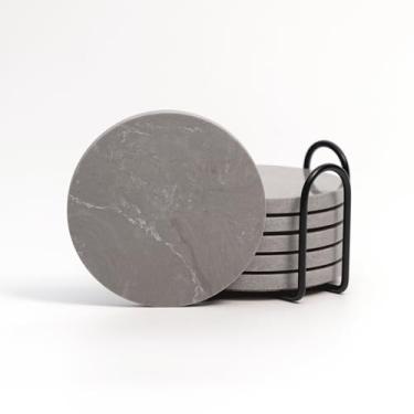 Imagem de Lasungreen Conjunto de porta-copos de mármore com suporte de metal, porta-copos redondos de pedra cinza, 10 cm de diâmetro, 0,31 polegadas de espessura, 6 porta-copos para mesa decorativa e protetora