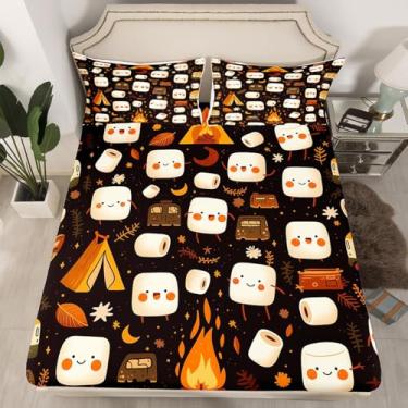 Imagem de Feelyou Jogo de lençol solteiro fofo de Marshmallow para crianças, kawaii, s'mores, doce, acampamento feliz, para meninos, meninas, adolescentes, lençol com elástico, tenda respirável, fogo, viagem
