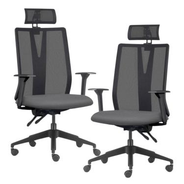 Imagem de Kit 2 Cadeiras Escritório Giratória Presidente Flow F02 Base Preta Crepe Grafite - Lyam Decor
