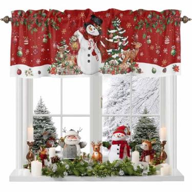 Imagem de Cortina de Natal para janelas, boneco de neve, veados, flocos de neve, bolso para varão, sanefa, tratamentos, bolas de ramos de azevinho, cortinas curtas vermelhas para cozinha, janelas, banheiro