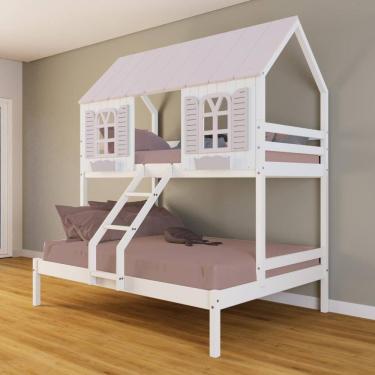 Imagem de Beliche Casal/ Solteiro Casinha Bela - Madeira Maciça Branco/Rosa | Housin