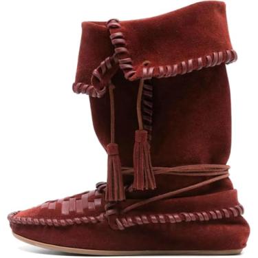 Imagem de Bota feminina de camurça, cano baixo, dobrável, com borlas chicoteadas, botas ocidentais, cano médio, botas curtas para mulheres, Vermelho, 36