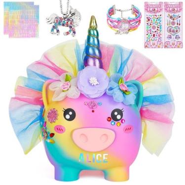 Imagem de Piggy Bank Play Tailor Unicorn para meninas com adesivos DIY
