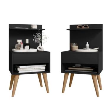 Imagem de Kit 2 Mesas De Cabeceira Altas 74,9cm, Par Lateral 1 Gaveta Nicho, Cama Box, Quarto Casal Organizador, 37,5cm Largura (Preto)