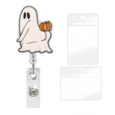 Imagem de YIHONGYAN Carretel de crachá de Halloween, porta-crachás, retrátil, clipes giratórios, carretéis de crachá, fantasma, boo, nádegas segurando abóbora, design para mulheres, médico, professor