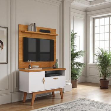 Imagem de Painel para Sala e Rack Sirius Pés de Madeira Puxadores Couro Patrimar