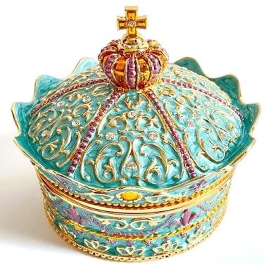 Imagem de SIWOT Baú de joias com design de coroa, caixa de armazenamento redonda de metal vintage criativo, estojo de joias com padrão retrô de liga (azul dourado, médio)