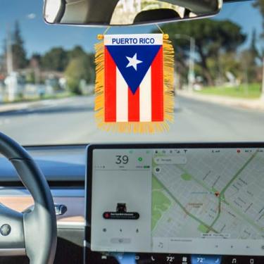 Imagem de Bandeira suspensa de janela de Porto Rico de 10 x 15 cm - Mini bandeira e decoração de espelho retrovisor de carro - Bandeira pendurada porto-riquenha com franjas com ventosa