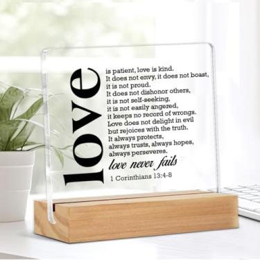 Imagem de Placa de mesa cristã presente cristão para homens mulheres presente de casamento versículo bíblico amor é paciente amor é gentil 1 Corinthians 13:4-8 escritura acrílico mesa placa decoração casa