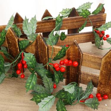 Imagem de 1 peça planta artificial 2 m folhas de azevinho falsas frutas vinha hera vermelha baga decoração de Natal enfeites de árvore de Natal para pendurar (estilo1)