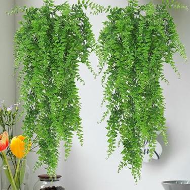 Imagem de Samambaia artificial resistente a UV 75 cm plantas falsas de plástico interior exterior parede casa casamentos pátios decoração pendurada (verde-2 peças)