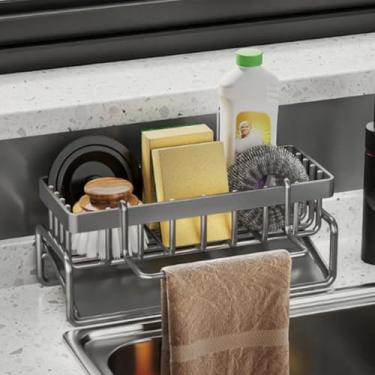 Imagem de Rack multifuncional para pia de cozinha, banheiro lateral, esponja e pano de limpeza, aço carbono durável
