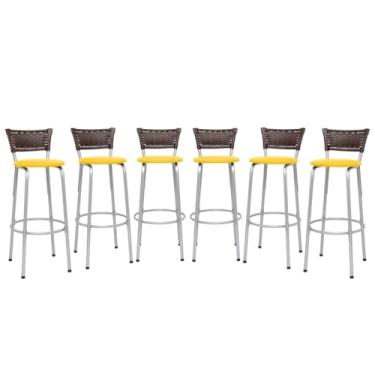 Imagem de Kit 6 Banquetas Alta Junco Argila Estrutura Prata 70cm Para Balcão Ilha Bancada Cozinha Bar Bistrô Americano - Itagold (Assento Amarelo)