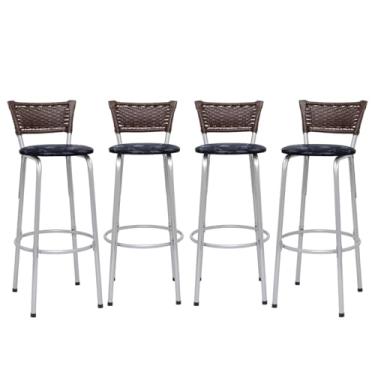 Imagem de Kit 4 Banquetas Alta Junco Argila Estrutura Prata 70cm Para Balcão Ilha Bancada Cozinha Bar Bistrô Americano - Itagold (Assento Floral Preto)