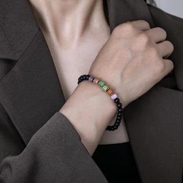 Imagem de Pulseira de contas feita à mão para homens e mulheres, cordão elástico com pedra natural e contas de destaque, joia de pulso ajustável, 7.68Inches, Obsidiana, Sem Pedra Preciosa