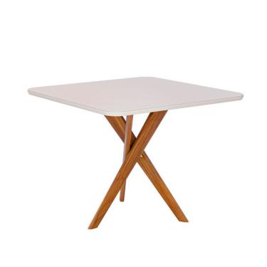 Imagem de Mesa de Jantar Quadrada com Tampo de Vidro Cacau Off White e Madeira 95 cm