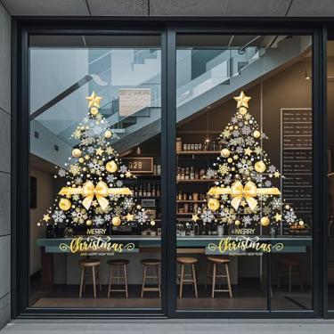 Imagem de NYEONHRT Adesivos de janela de árvore de Natal extragrandes para vidro, pacote com 2 - adesivos estáticos dourados para decoração de Natal, decalques festivos reutilizáveis para parede janela porta
