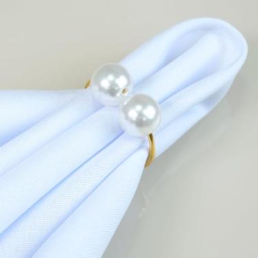 Imagem de Kit 6 Peças Anel para Guardanapo Elegante, Pérola Dupla Grande, Metal com Pérolas Acrílicas, 4x3cm, Decoração de Mesa, Acabamento Artesanal (Dourado)