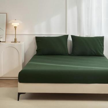 Imagem de JIYUAN Jogo de lençol Queen 100% algodão lavado, confortável, macio e respirável, lençol com elástico profundo (serve em colchões de até 43 cm) + 2 capas, verde floresta