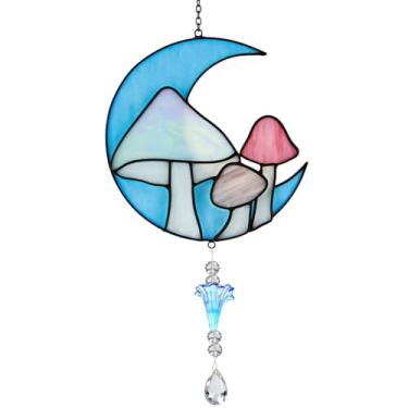 Imagem de Decoração de janela de vitral com prisma de cristal, apanhador solar da lua com 3 cogumelos, arte colorida feita à mão para casa, jardim, presentes