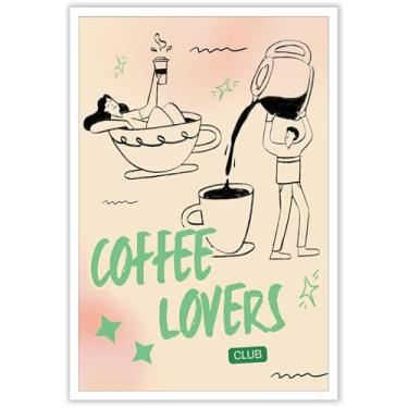 Imagem de Pôster engraçado café café café amantes de café arte de parede abstrata mulher tomando banho no copo impressão estética pintura para sala de estar quarto escritório decoração de parede 30,5 x 40,6 cm