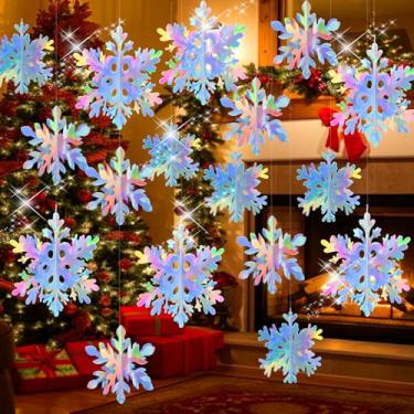 Imagem de 18 peças de decorações de flocos de neve, enfeites de flocos de neve iridescentes 3D, papel holográfico, guirlanda de floco de neve para decoração de árvore de Natal, país das maravilhas de inverno