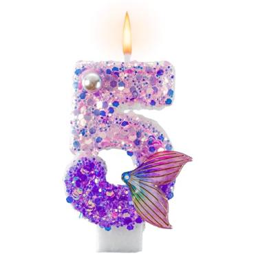 Imagem de Velas de aniversário com tema de sereia para decorações de festa de aniversário, número 5 para meninas, lembrancinhas de festa de aniversário com glitter, suprimentos para topo de bolo de 7,3 cm